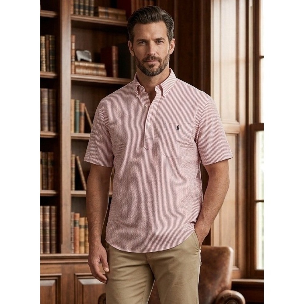 Ralph Lauren Purcell Seersucker Striped Short Sleeve Shirt Mens Large Red White
